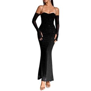 Parthea Womens Sexy Sequin Sparkly Glitter Dresses Off Shoulder Long Sleeve Cocktail Evening Party Elegant Maxi Dress (8-10)