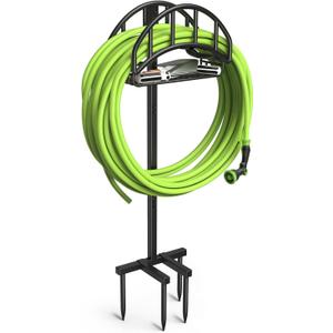 Garden Hose Holder - Upgraded Metal Reel With Tool Storage Basket, Heavy Duty Freestanding Water Hose Holder Holds 150ft, Detachable Storage Hanger for Outside