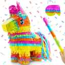 16" Cinco de Mayo Pinata, Large Rainbow Color Donkey Pinata 16 x 13 x 5.5 ln with Stick and Blindfold for Fiestas Mexican Party Decoration, Photo Prop, Taco Tuesday Event