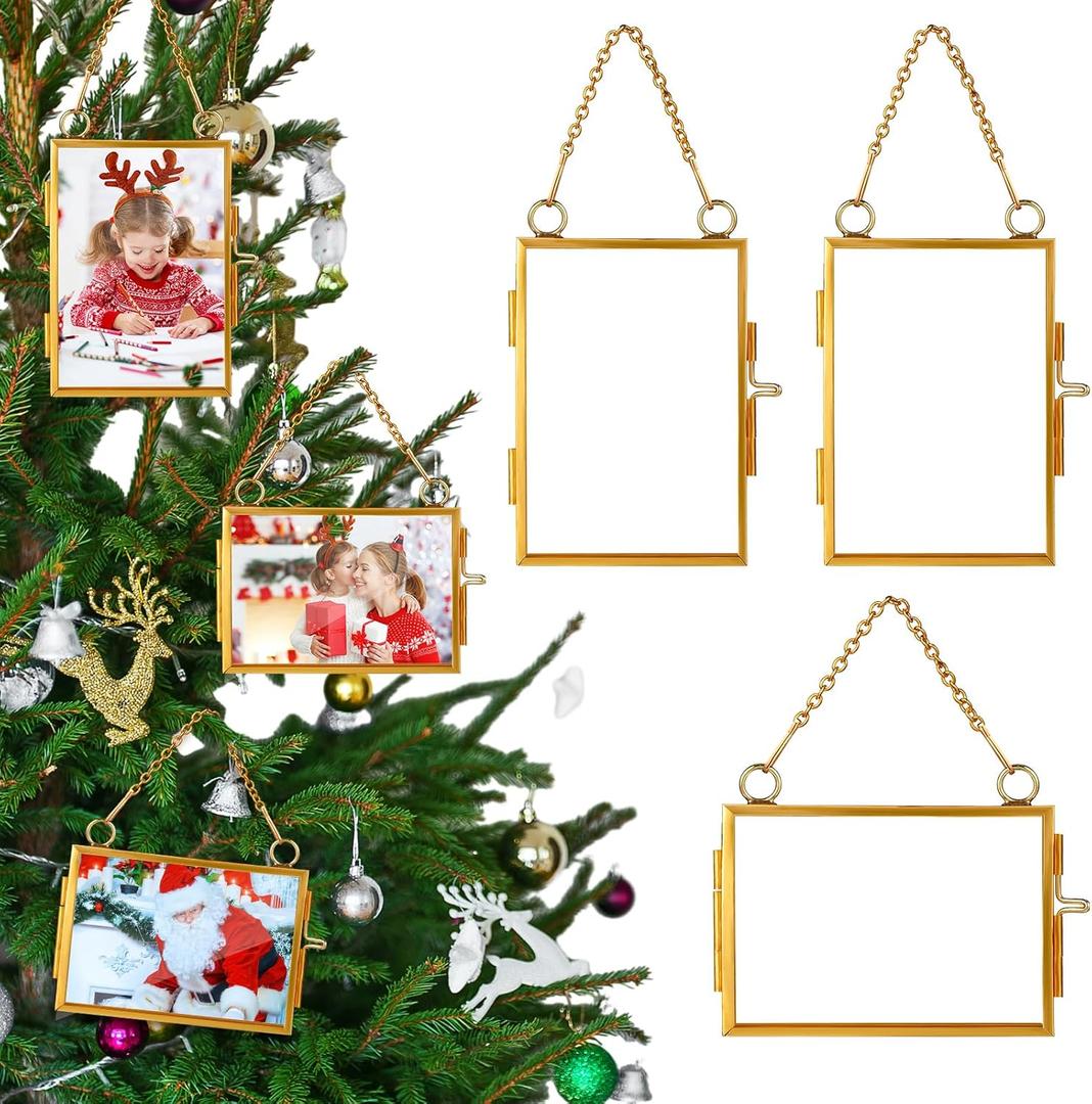 Qunclay 6 Pcs 2x3 3x2 Christmas Brass Picture Frame Ornaments Xmas Metal Double Glass Hanging Photo Frame with Metal Chain for Christmas Tree Decorations(Gold)