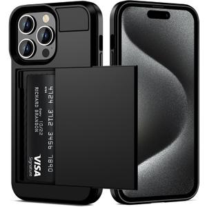 Vofolen Compatible with iPhone 15 Pro Case with Card Holder Dual Layer Shockproof Wallet Phone Case Hidden Card Slot Sliding Protective Hard Shell Back Cover Slim Case for iPhone 15 Pro 6.1 Inch Black