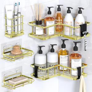 YASONIC Corner Shower Caddy Organizer, 5-Pack Self-Adhesive Rustproof Bath Shelves with Soap Holder & 4 Hooks, Large Capacity Shower Storage Rack for Bathroom Organization, Gold YASONIC Corner Shower Caddy Organizer, 5-Pack Self-Adhesive Rustproof Bath Shelves with Soap Holder & 4 Hooks, Large Capacity Shower Storage Rack for Bathroom Organization, Gold