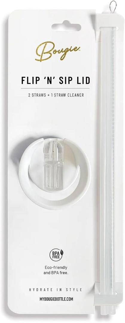 Bougie Flip N Sip Lid, White, 2 Straws Plus 1 Cleaner, Kitchen Dcor