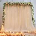 108ft Champagne Tulle Curtain Backdrop with Lights String for Parites, Sheer Backdrop Curtain Drapes for Wedding Photo Baby Shower Photography Birthday Party
