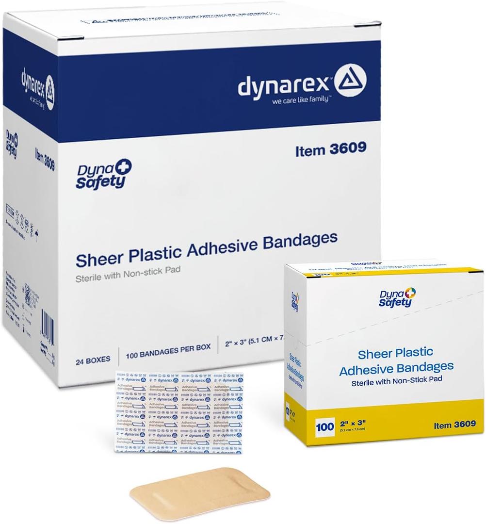 Dynarex Sheer Plastic Adhesive Bandages Water-Resistant and Sterile Non-Stick Pad First Aid Covers Minor Cuts Scratches - 2" x 3", Case of 24 Boxes, 100 per Box