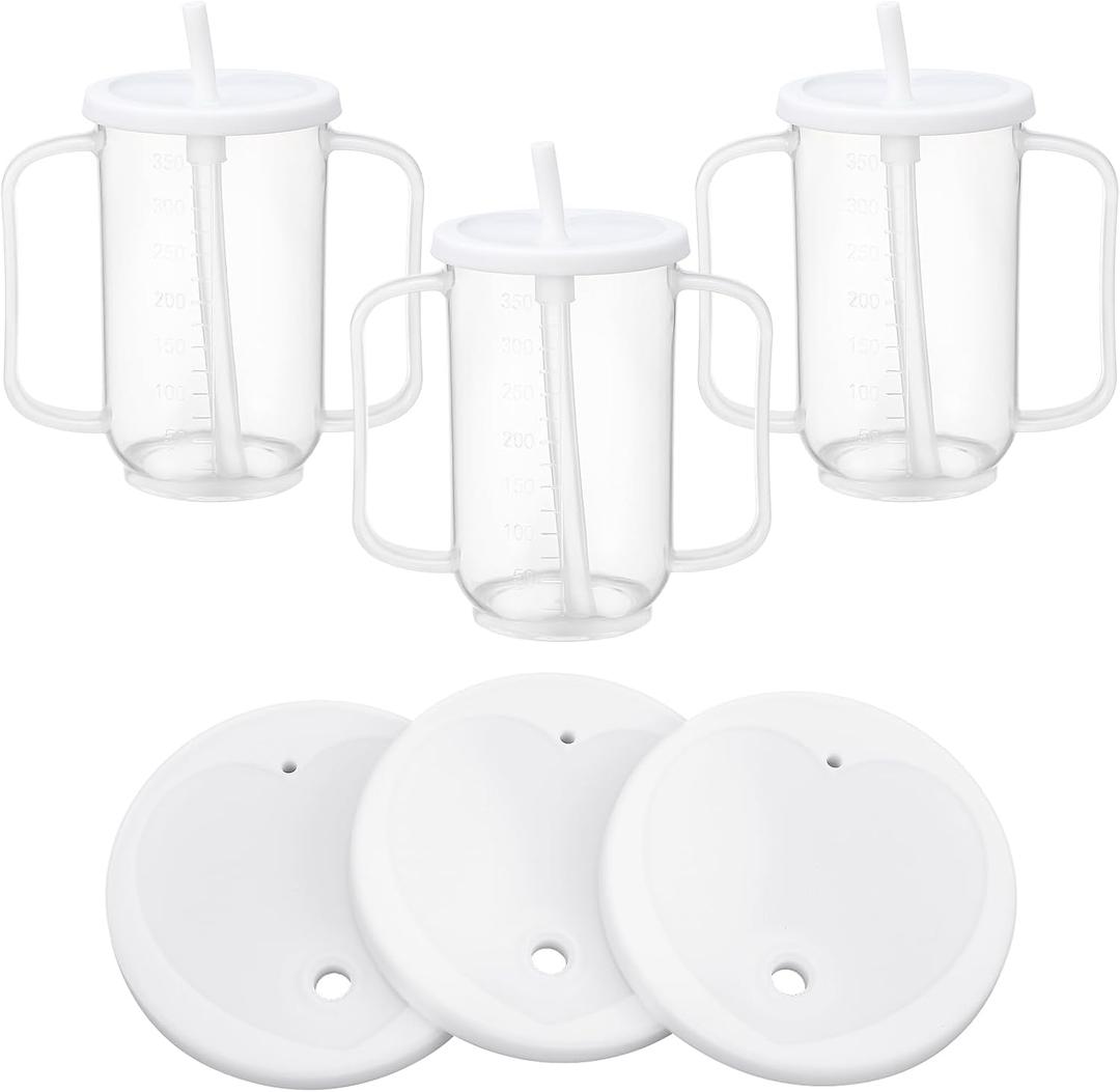 Sliner Adult Sippy Cups for Elderly 12 oz Straw Sippy Cups with 2 Handles No Spill for Adults Spill Proof Dysphagia Cup for Disabled Patients(White)