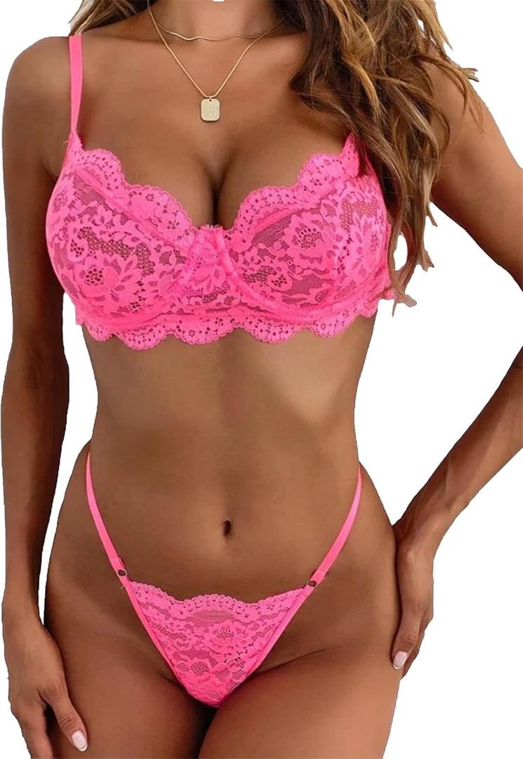 Lilosy Sexy Underwire Push Up Scallop Floral Lace Sheer Lingerie Set for Women Bra and Panty 2 Piece (Medium, Hot Pink)