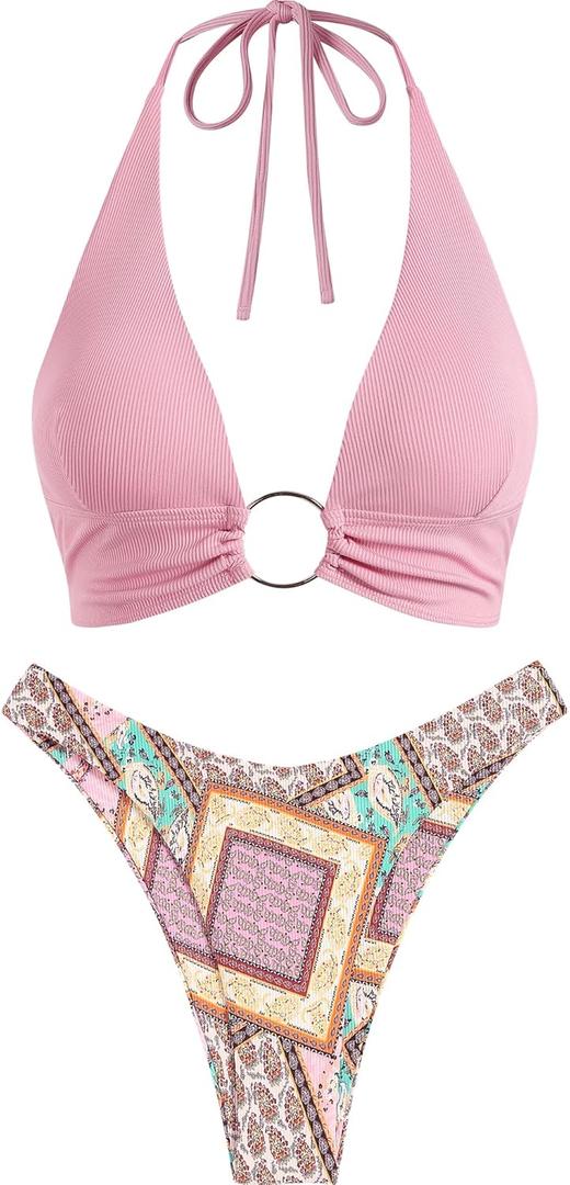 ZAFUL O Ring Halter Bikini Sets for Women High Cut Swimsuits Trendy 2 Piece Bathing Suits (Medium, 1-pink Tribal)