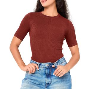 BAMBOO COOL Women's Seamless Tight T-Shirts Slim Fit Basic Ribbed Tees Short Sleeve Crew Neck Top (M)