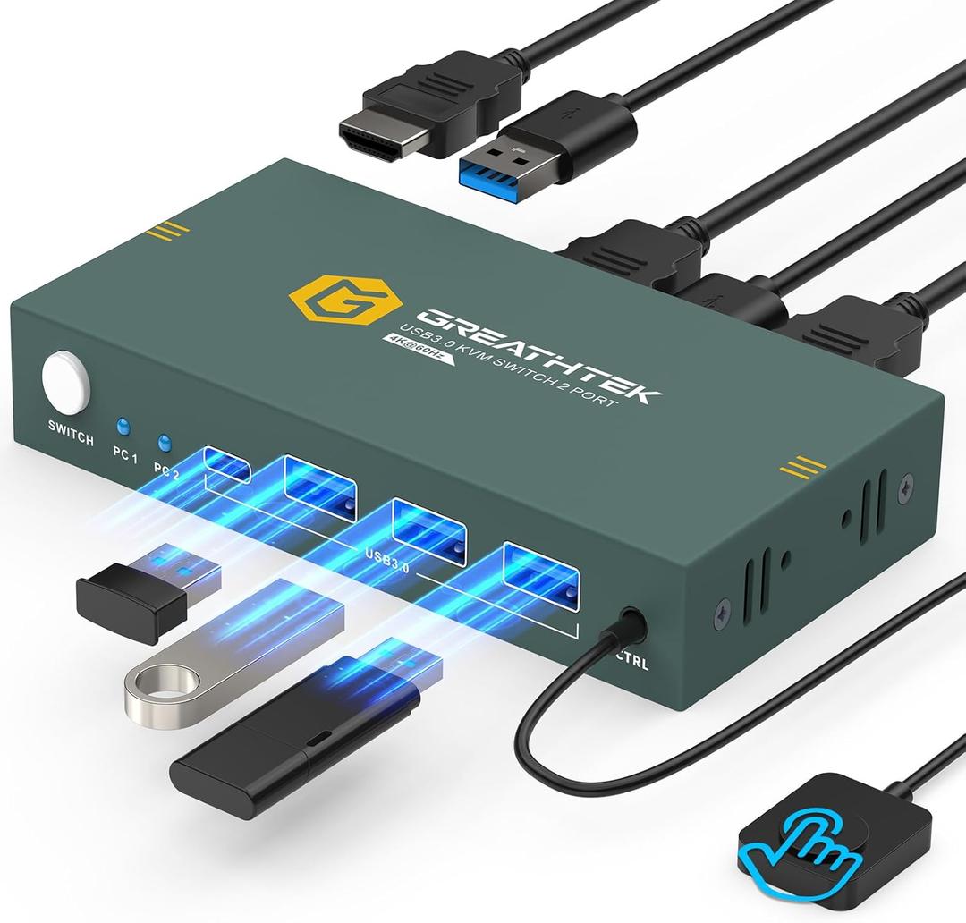 USB3.0 KVM Switch 2 Port HDMI, 4K 60Hz KVM Switch 1 Monitors 2 Computers with 3 USB3.0 Ports, HDMI KVM Switches for 2 PCs Share 1 Monitors and USB Devices, Support Button Switch, EDID