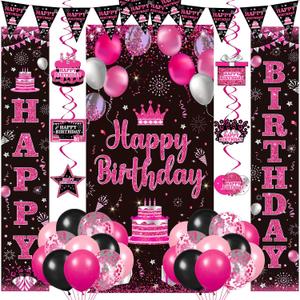 Hot Pink Birthday Decorations for Women's Men Hot Pink Party Supplies Happy Birthday Door Banner Backdrop Porch Sign Hanging Swirls Pink Black Confetti Balloons Streamers Pennant Banner Flags Decor, 71 x 35in