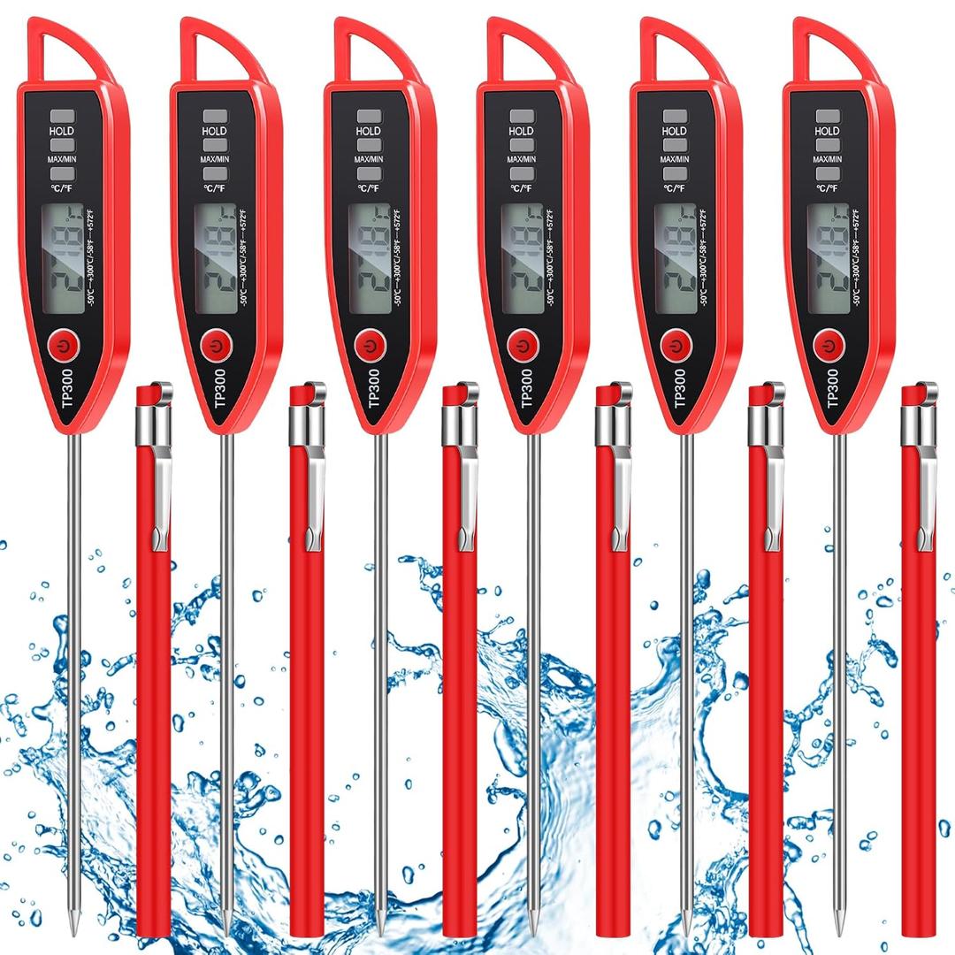 6 Set Waterproof Food Thermometer for Water, Liquid, Candle and Cooking Digital Meat Thermometer with Long Probe Instant Read for Kitchen BBQ Grill Candy (Red)