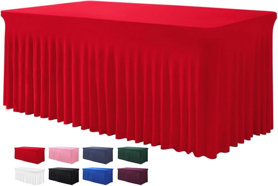 Table Skirt for 4 Foot Tables - One-Piece Red Tablecloths and Skirt, Wrinkle Resistant Ruffles Elastic Cover for Banquets, Weddings, Events, Parties