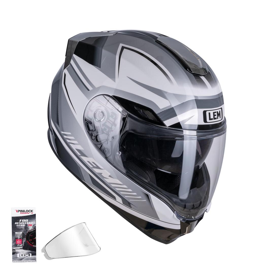 LEM Motorcycle Helmets Full Face, Helmets for Men DOT Certified, PINLOCK & DVS Dual Vision, Motorcycle Street Bike Helmet for Adults Fiberglass Shell Bluetooth Ready for Cruiser(White/Black, Size M)