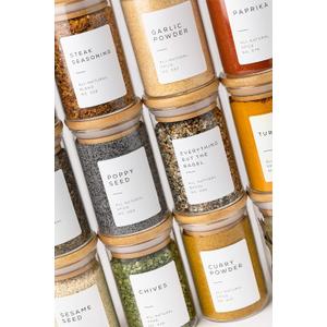 Empty Spice Jars with Label Pack (12x Bamboo Lid Glass Jar). Small 6oz Spice Storage Bottles with 112 Printed Stickers and 48 Writable Pantry Labels for Seasoning Containers