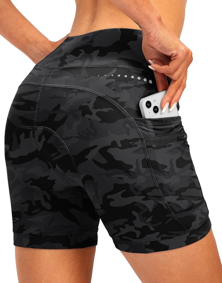 Women's 4D Padded Bike Shorts Padding Riding Underwear Cycling Bicycle Road Mountain Biking Cycle Shorts for Women with Zipper Pockets(Camo Black, XS)