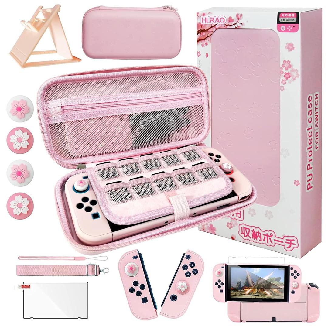 Pink Travel Carrying Case Accessories Kit Compatible with Nintendo Switch OLED. Pink Switch OLED Hard Protective Cover, Adjustable Stand, Screen Protector & Cute Thumb Grips 10 in 1 Gift.