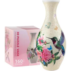 3D Puzzles Vase for Adults, 160 Pieces Plastic DIY Unique Pattern Vase, Crafts for Adults, Housewarming Gift Birthday Gifts for Flower Arrangements and Home Decor (Flowers and Hummingbird)