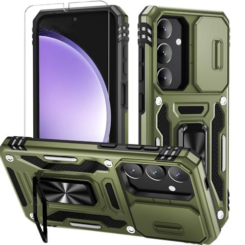 Pack of 2, WRJ for Samsung Galaxy S25 Plus/S24 Plus Case with Slide Camera Cover and Screen Protector, Military Grade Protection [Rotated Kickstand] Heavy Duty Shockproof Protective Cover-Olive Green