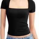 PUMIEY Women's Short Sleeve T Shirts Square Neck Going Out Tops Slim Fit Basic Tee Smoke Cloud Pro Collection (Large, Jet Black)