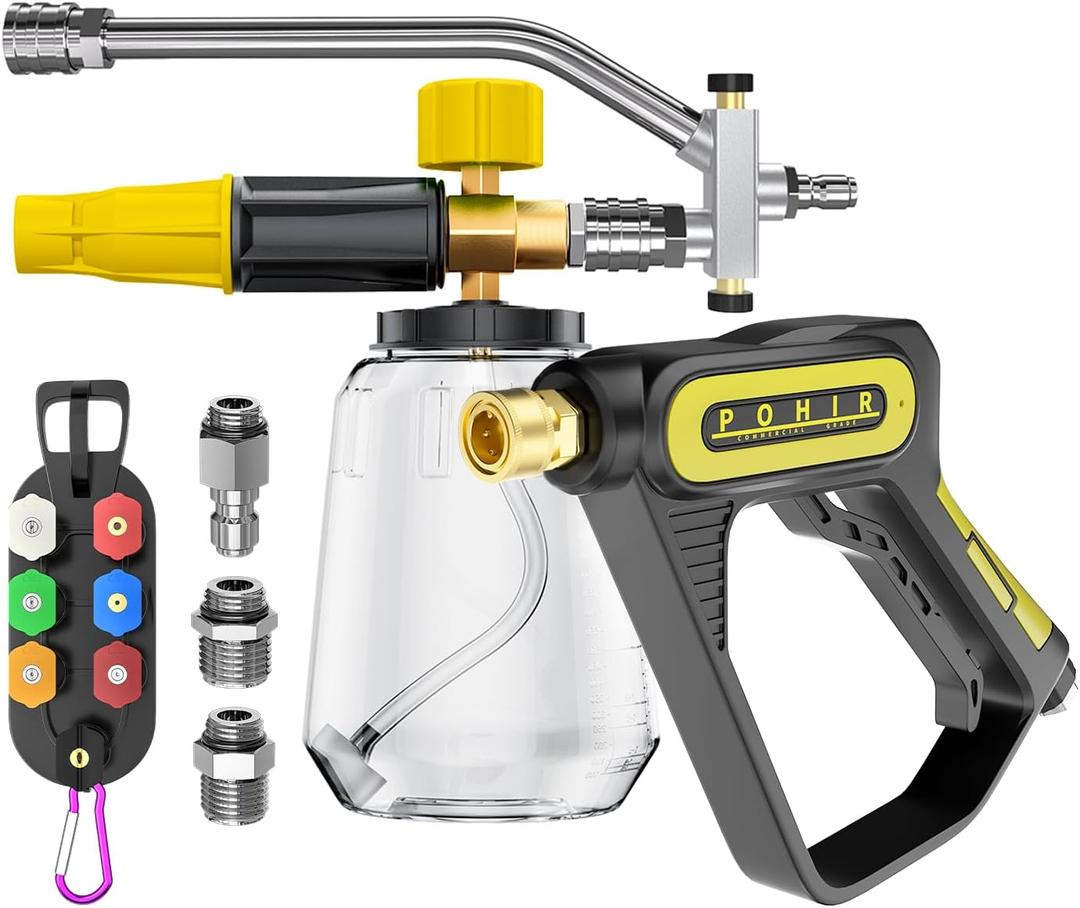 5000 PSI Pressure Washer Gun with Cannon, Power Washer Sprayer with Dual Adjustable Foam Lance, 1/ 4" Quick Connector with Nozzle Tips (Gun+Foam Cannon+Dual Connector+Nozzle)