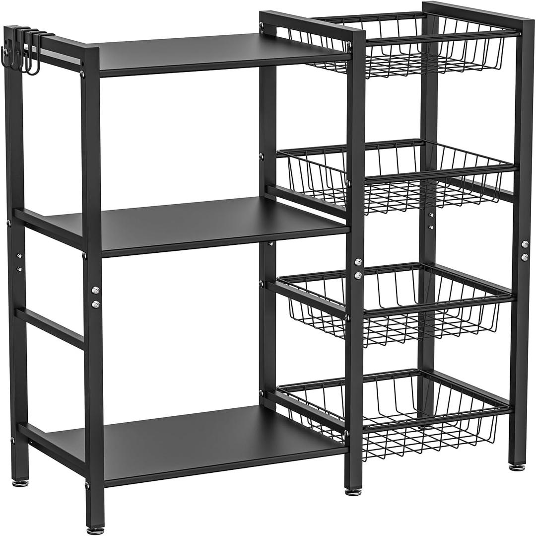 Storage Rack Kitchen Baker's Rack - 3 Tiers 4 Baskets, Utility Coffee Bar, Air Fryer Stand with Steel Mesh Baskets