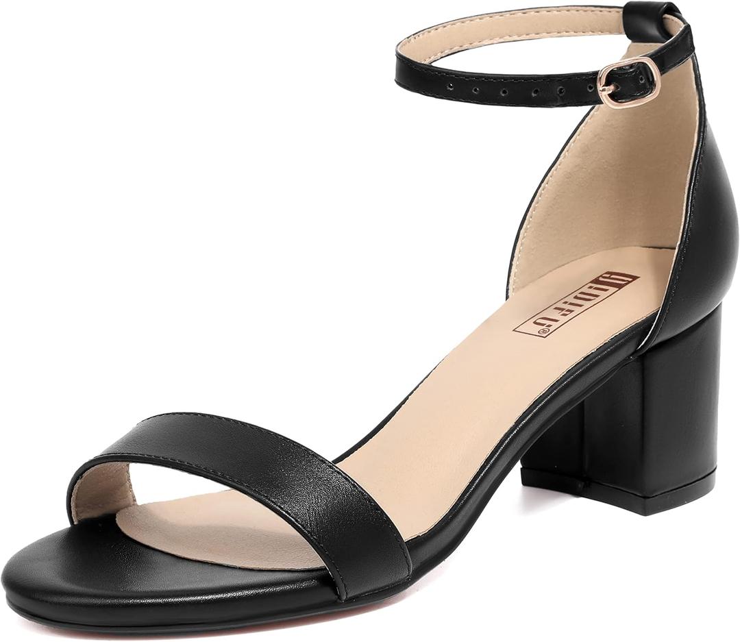 IDIFU Women's Cookie-LO Low Block Heels Chunky Sandals Ankle Strap Wedding Dress Pump Shoes(Black Pu, 9)