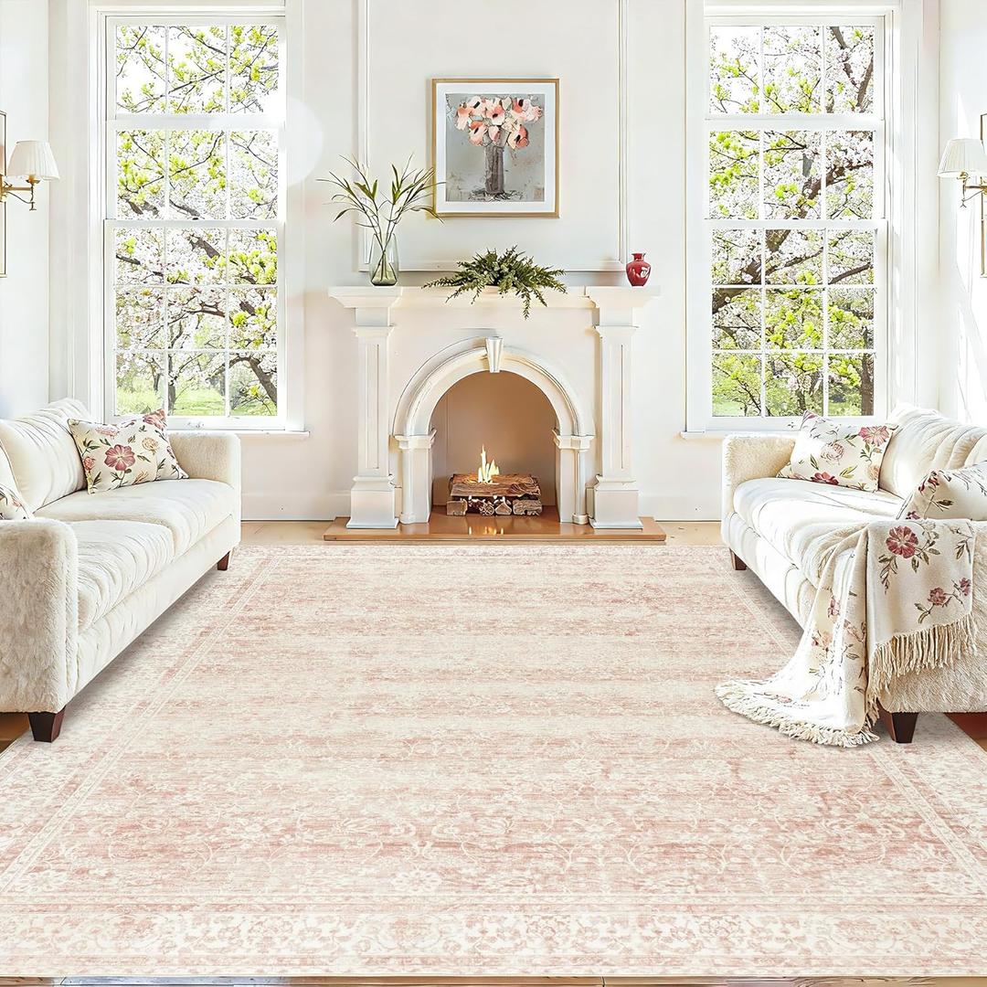 Pink Washable 9x12 Area Rugs for Living Room Big Girls Bedroom Blush Pink Low Pile Soft Non Slip Neutral Boho Floral Extra Large Area Rug for Nursery Playroom Dining Room,9 by 12