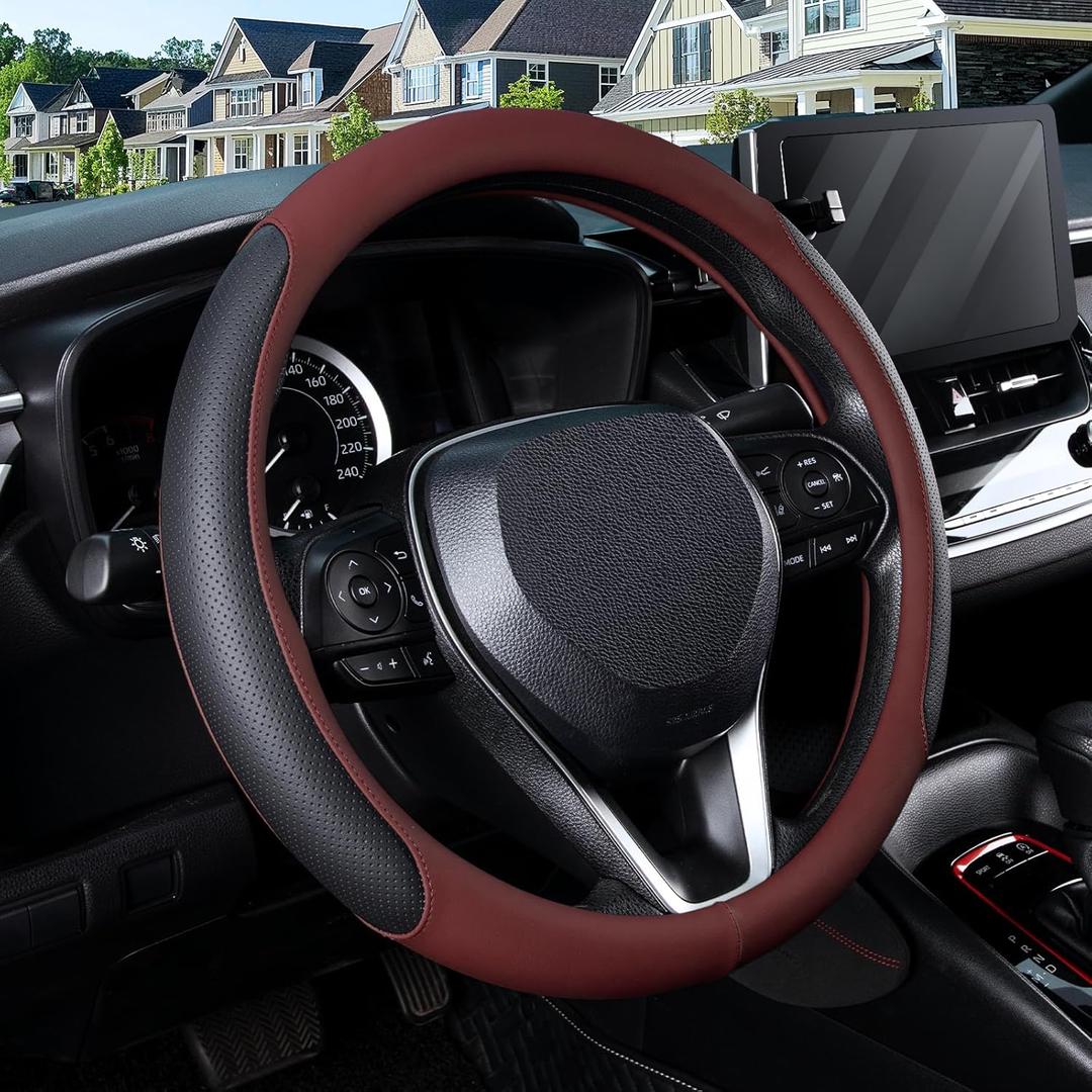 SEG Direct Steering Wheel Cover for 14.5-15 inch Wheels, Breathable PU Leather with Perforated Sides, Anti-Slip Grip, Universal Fit for Cars & SUVs, Black and Burgundy