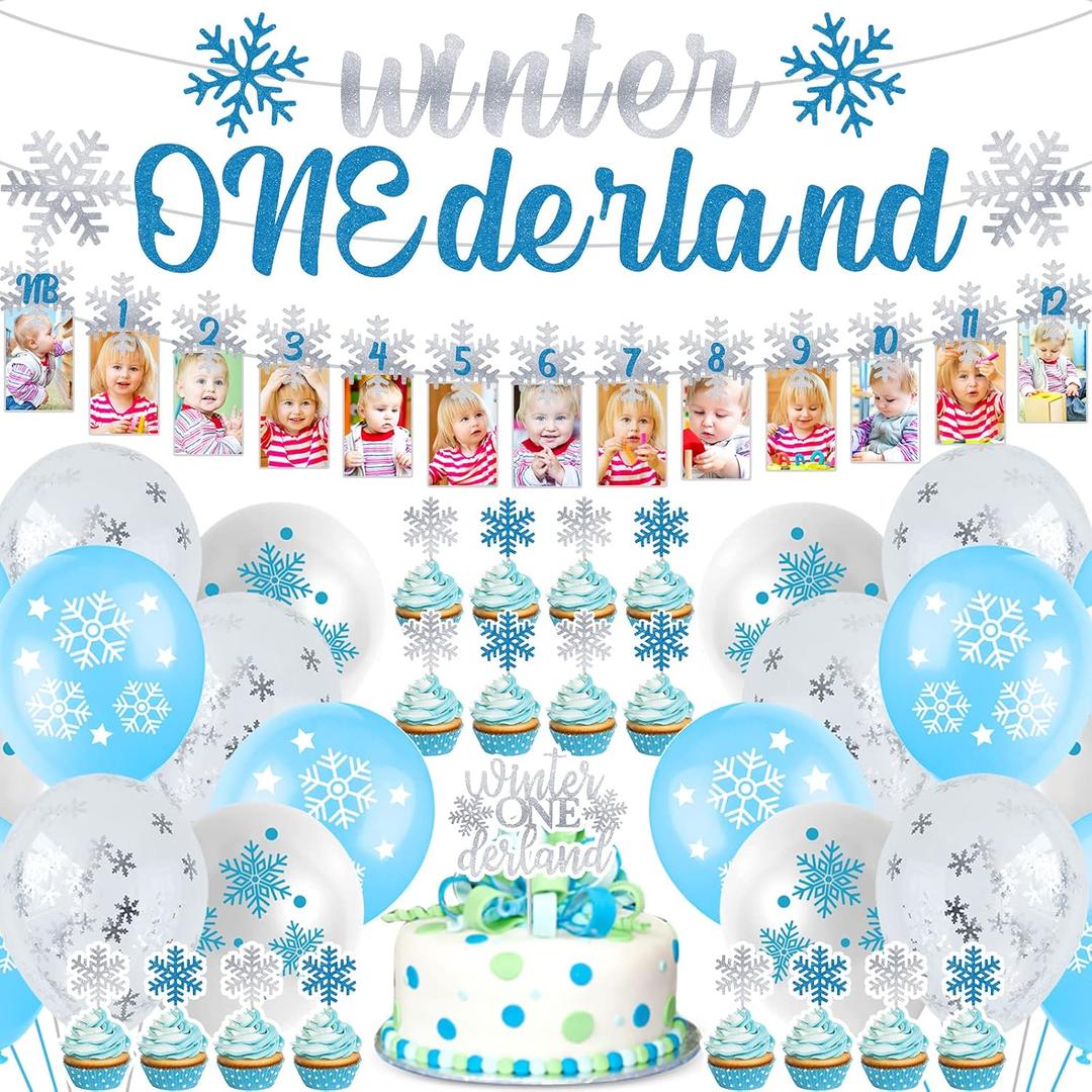 Winter Onederland Birthday Decor 1st Birthday Banner Pink and Silver Snowflake Photo Banner Snowflake Cake Toppers Latex Balloons for Winter Baby First Birthday Party Supplies