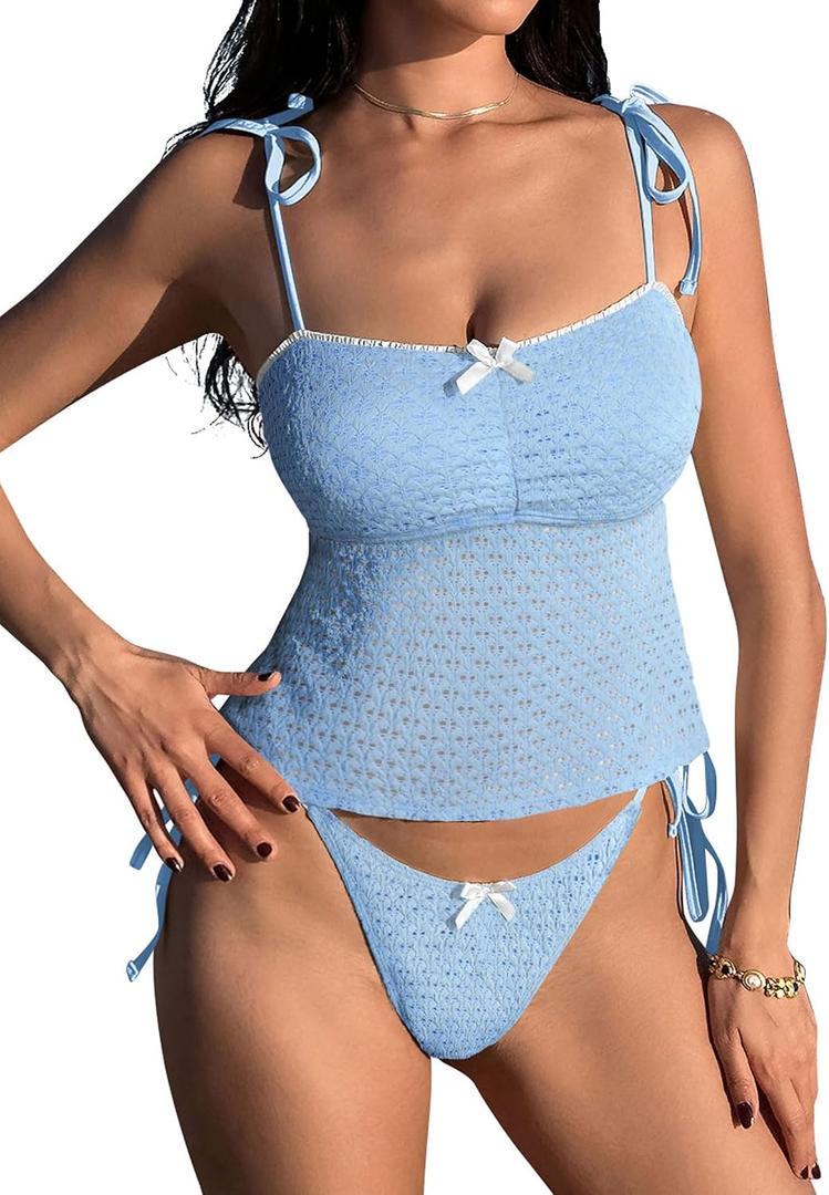 ZAFUL 2026 Tankini Swimsuits for Women Mesh Hollow-Out Tank Style Bow Knotted Decor Tie Side High Cut Tankini Set (Blue, XL)