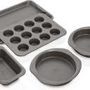 Ninja B35005 Foodi NeverStick Premium 5-Piece Bakeware Sheet Set, Oven Safe up to 500⁰F, with 11x17 Inch Baking Sheet, 5x9 Inch Loaf Pan, 12 Cup Muffin Pan, & (2) 9 Inch Round Cake Pans, Grey