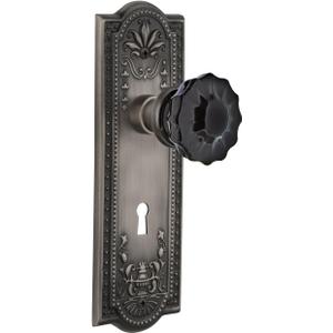 Nostalgic Warehouse 726823 Meadows Plate Crystal Black Glass Door Knob in Antique Pewter, Passage 2.375 with Keyhole