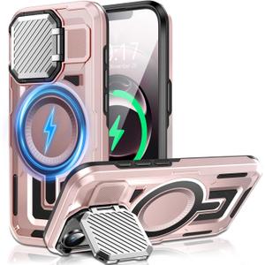 Camera Stand Case for iPhone 16E, [Compatible with Mag Safe] [Lens Cover] 2024 Version Military Grade Protective Soft Case for iPhone 16E 6.3 inch Men Women, Pink