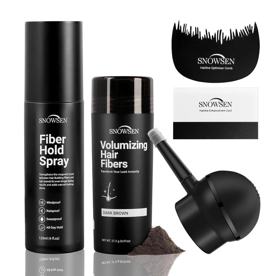 Hair Fibers for Thinning Hair, Dark Brown, Professional 5-in-1 Hair & Beard Styling Set, Include Applicator Pump, Fiber Hold Spray, Application Card, Hairline Comb,Hair Powder for Women & Men