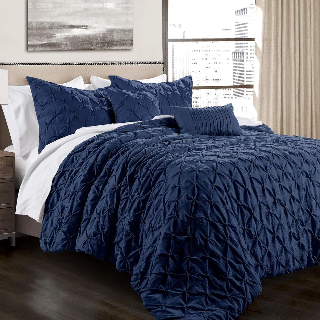 Lush Decor Ravello Pintuck Comforter Set - Luxe 5 Piece Textured Bedding Set - Traditional Glam & Farmhouse Inspired Bedroom Decor - King, Navy