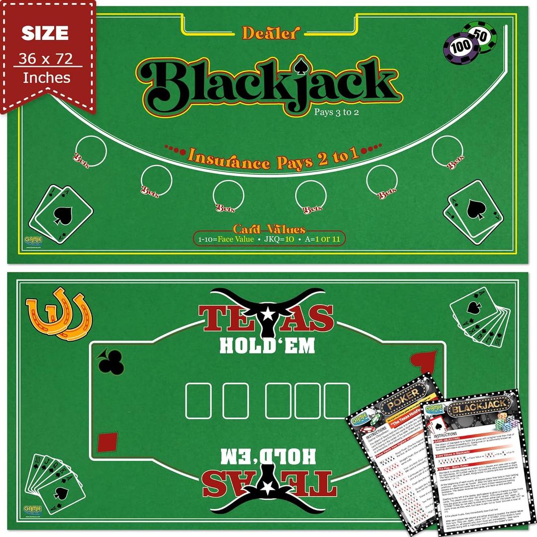 Gamie Double Sided Felt Casino Mat, 36 x 72 for Blackjack & Texas Holdem Poker, 2-in-1 Texas Holdem Poker Mat & Blackjack Mat, Professional Grade Poker Tabletop Mat with Instructions Booklet
