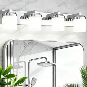 29 Inches Bathroom Vanity Light, 4-Light Chrome Bathroom Light Fixtures Over Mirror, Bathroom Light Shower Lamp with Milky White Square Glass Shade, Modern Farmhouse Lighting Fixtures