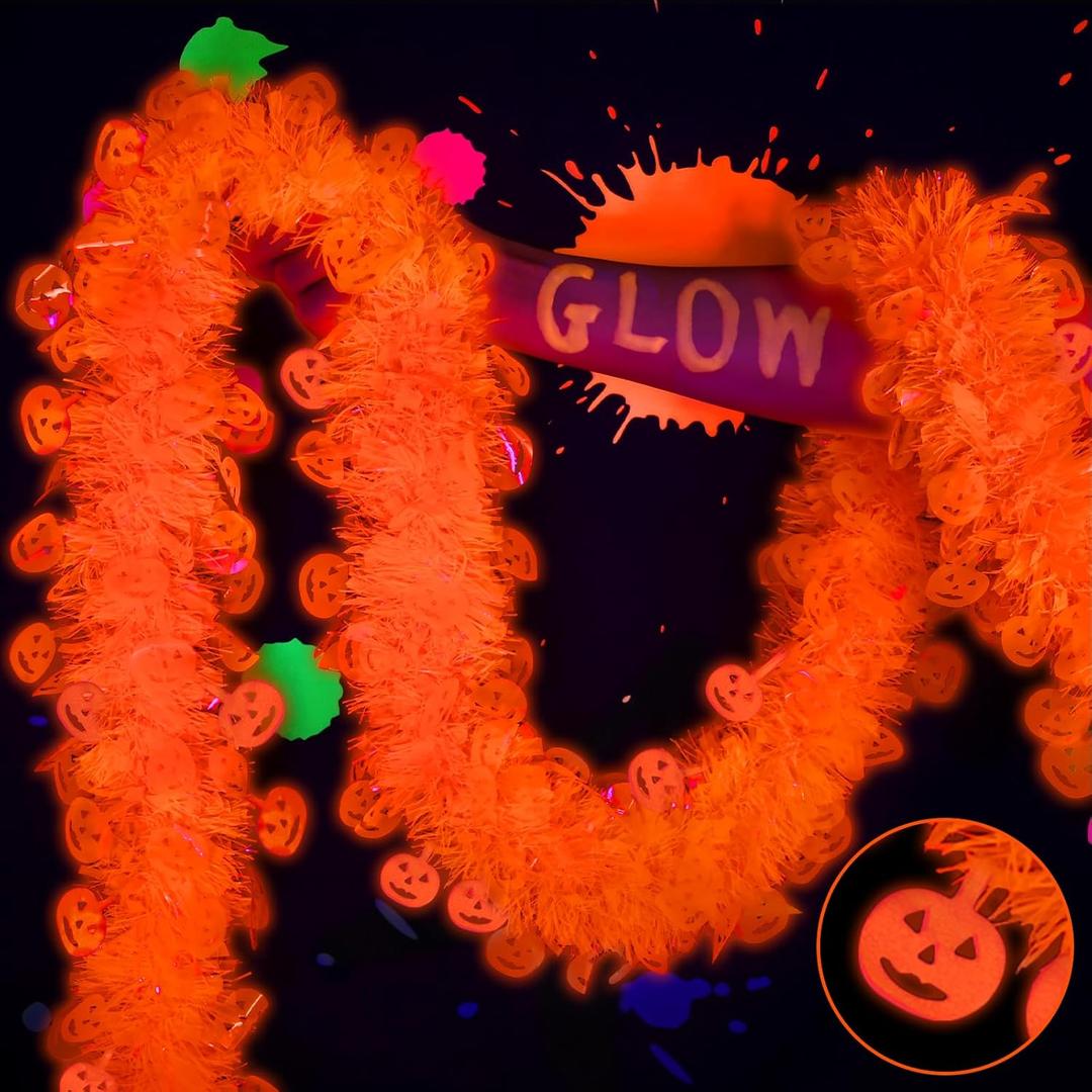 2 x Mega-L Neon Halloween Party Decorations, 26ft Fluorescent Orange Pumpkin Garland Banner Glow in the Dark Party Supplies Cute Hanging Ceiling Decors for Birthday Home Wall Fence Porch Black Light Party