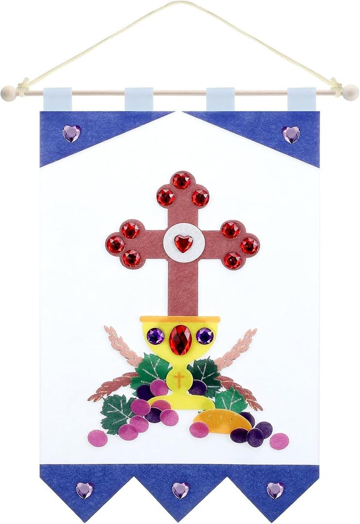 Oudain First Communion Banner Kits 9 x 12 Inches Felt Holy Communion Banner Kits Cross First Communion Decorations Gifts Sunday DIY Arts Catholic Crafts Kit Religious Church Pew Hanging Decor (Blue)