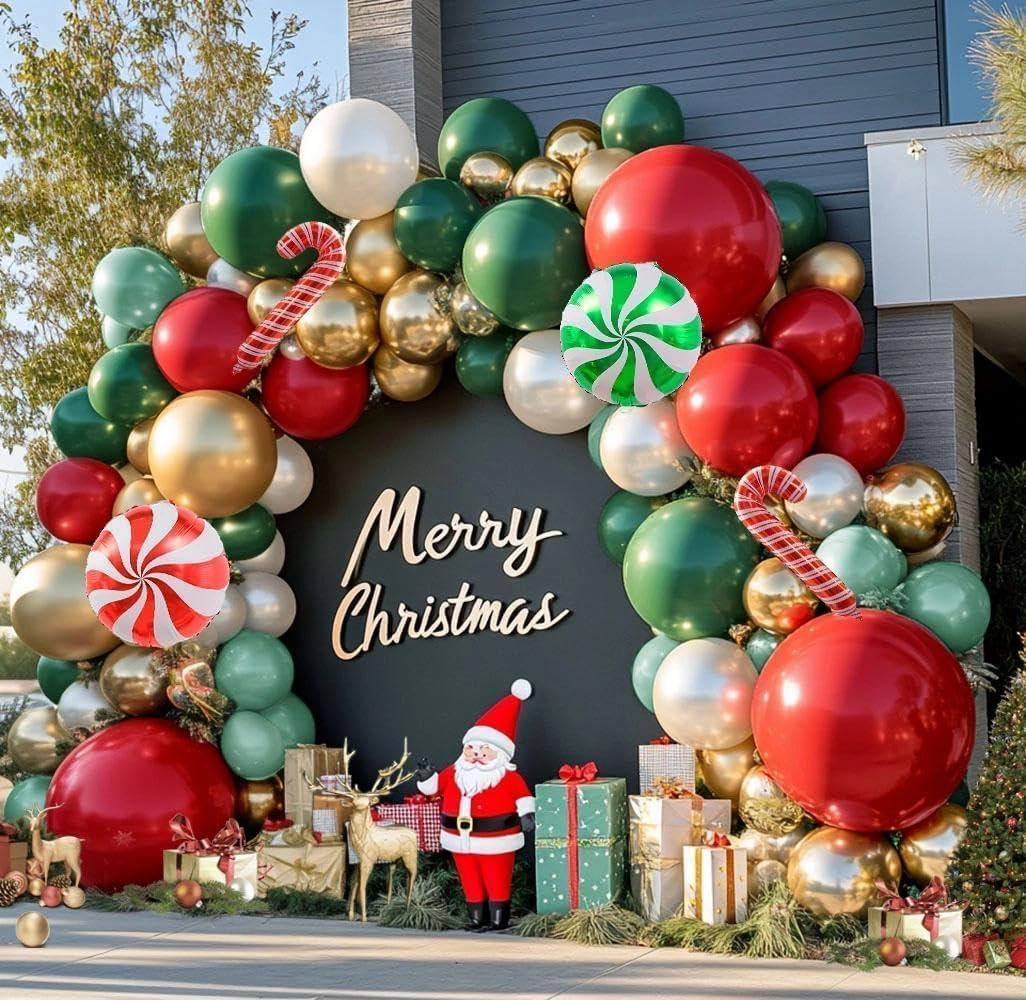 Christmas Balloon Arch Kit, Double Stuffed Red Green White Pearl Balloon Garland Sage Green Red Gold Balloons With Candy Cane Balloons for Christmas Birthday Xmas Santa Holiday New Year Party Decor