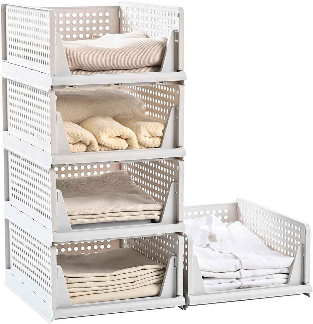 5 Pack Stackable Plastic Storage Basket-Foldable Closet Organizers Drawer Shelf Container for Bathroom Kitchen Laundry Room Wardrobe Storage, Space-Saving Clothes Storage (white, 5 pack L)