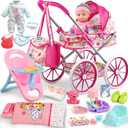Baby Doll Stroller Toys Set with 12.5" Baby Doll,Dining Chair,Quilt Pillow,24 PCS Doll Accessories and 2 Sets Doll Clothes,Baby Stroller Toys for Girls Toddlers 3-5 4-6 5-7 Gifts for Pretend Play