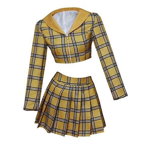 RocailleCos Clueless Cher Cosplay Costume Dress Yellow Plaid Crop Top Skirt Suit Halloween Outfit for Women Girls (XL, yellow)