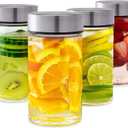 Juice Bottles - 4 Pack Wide Mouth Glass Bottles with Lids - for Juicing, Smoothies, Infused Water, Beverage Storage - 10oz, BPA Free, Stainless Steel Lids, Leakproof, Reusable, Borosilicate