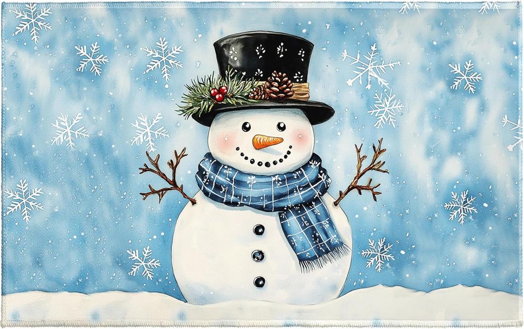 Winter Bath Rug Lovely Blue Snowman Bath Mat 20x32 Inch Snowflakes Bathroom Plush Rug Non Slip Absorbent Holiday Doormat for Bathroom Entryway Living Room (1'8" x 2'8" (Rectangular))