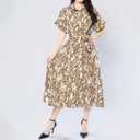 Women's Summer Leopard Print Casual Dress - Shirt Collar V-Neck Short Sleeve Flowy A-Line Dress (Medium, Brown)