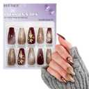 2 x Autumn Press on Nails Medium Coffin Fake Nails Glitter Gold Burgundy False Nails with Yellow Maple Leaves Design Glossy False Nails Press Ons Glue on Nails for Women Manicure 24 PCS