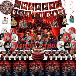 125Pcs Birthday Party Decorations Kit - Backdrop, Tablecloth, 15 Birthday Banner, 18 Balloons, Big Topper, 24 Cupcake Toppers, 6 Hanging Swirls, 60 Stickers for Themed Decor