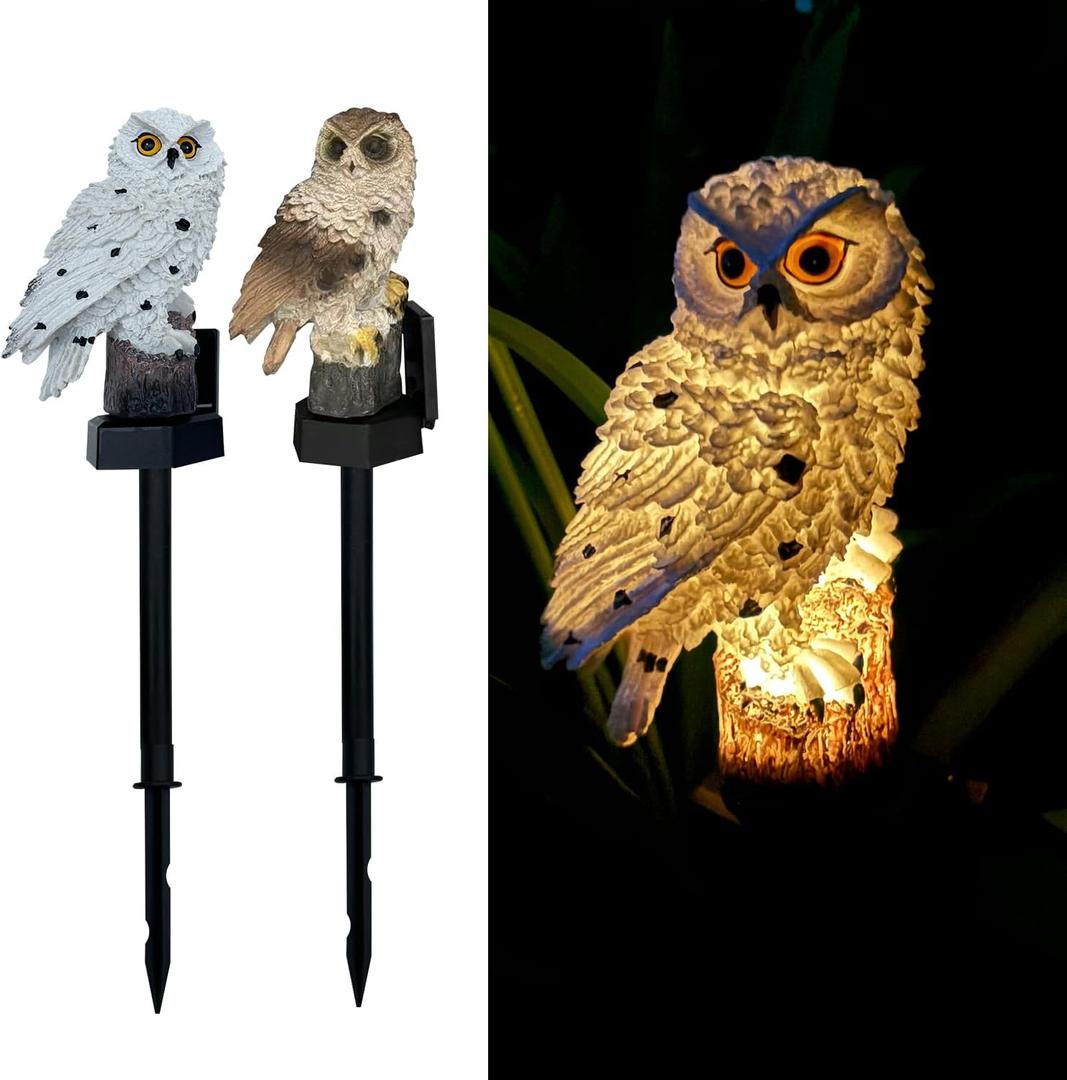 2 Pack Owl Figure Solar LED Lights, Resin Garden Waterproof Decorations with Stake for Outdoor Yard Pathway Outside Patio Lawn Decor (White)